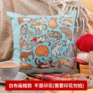 十字绣花边抱枕沙发靠垫diy手工材料，包日式(包日式)猫咪动物纯棉卡通