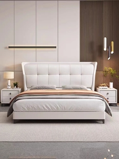 现代简约头层牛皮主卧双人床，1.8实木储物灯带高端软包皮艺床婚床