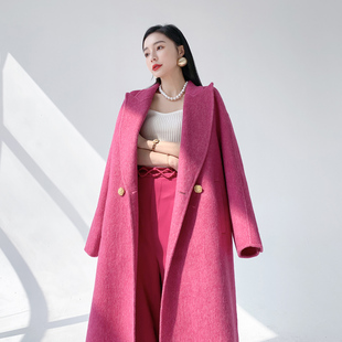 aksaya高级感时尚气质双面，呢外套玫红色，羊绒大衣女2023年秋冬