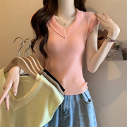 粉色温柔风v领短袖针织衫，镂空设计感系带夏季气质，修身显瘦上衣女