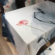 桌布水墨画荷花新中式日式桌布，加厚棉麻椅垫书，桌布棉麻长方形家用