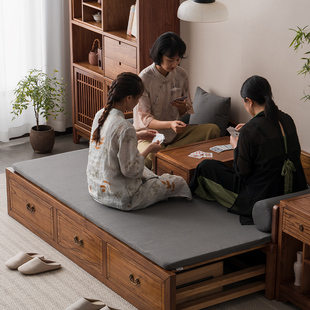 新中式禅意罗汉床全实木，推拉小户型老榆木，家具伸缩罗汉床榻储物