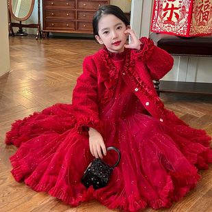 mini旦女童红色连衣裙冬季2023儿童加绒公主裙呢大衣年服套装
