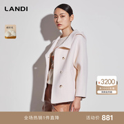landi蓝地米白色羊毛，连帽韩版短款毛呢外套，女2023年冬季大衣