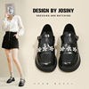 卓诗尼jk制服鞋2023夏季圆头粗跟黑色，花朵设计一脚蹬增高单鞋