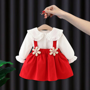 一岁半女宝宝秋装裙子婴儿背带裙，2周岁礼服红色，公主裙3女宝连衣裙