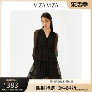 商场同款VIZA VIZA 秋装真丝连衣裙长袖赫本风小黑裙