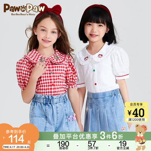 PawinPaw卡通小熊童装夏季女童衬衫格子复古泡泡袖上衣