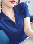 宝石蓝冰丝针织短袖t恤女2024夏季polo衫翻领修身显瘦体恤衫上衣