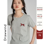 画风drawwind2024夏季短袖T恤女宽松圆领蝴蝶结装饰短款上衣