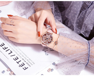 士手表水钻女GUOU钢带型号石英镂空时尚圆形真皮普通国产腕表