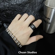 CHUAN/欧美个性霸气黑色方形宝石戒指男食指环女情侣ins小众设计