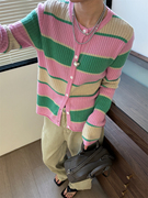 彩色条纹圆领羊毛针织，开衫女2024春季韩系减龄百搭长袖针织衫