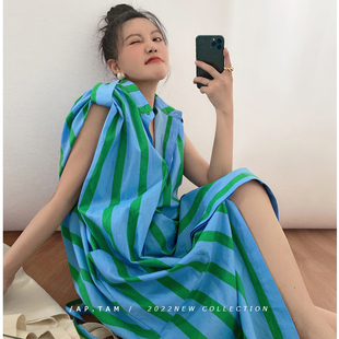 谭烟米 蓝绿条宽松衬衫连衣裙夏慵懒时髦感独家设计小众款条纹裙