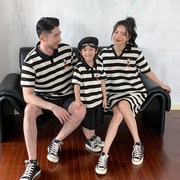 炸街母子装夏季高端亲子装一家三口条纹短袖polo衫母女卡通连衣裙