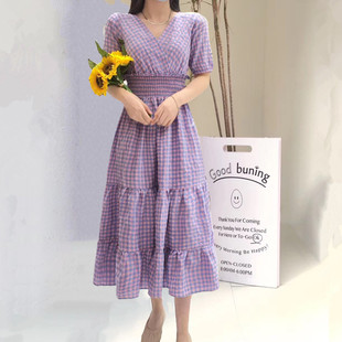 中长款棉麻格子连衣裙仙气超仙森系女夏紫色(夏紫色，)裙子收腰显瘦气质