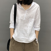 韩版女装t恤帽衫，2023长袖纯棉布t恤衬衣，宽松棉麻文艺复古上衣外套