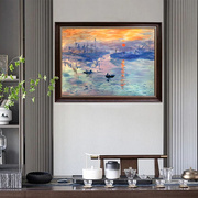 手绘莫奈海边日出装饰画欧美式名画客厅过道玄关有框印象立体油画