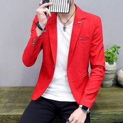 韩版个性红色西服男秋季潮流薄款休闲衣服ins帅气修身小西装外套