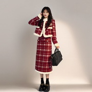 「恋上圣诞结」节日氛围格子外套搭配半裙时尚女装秋冬两件套