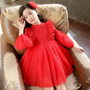 春秋冬季女童装大红色，公主裙儿童蕾丝连衣裙，演出礼服蓬蓬白纱裙子
