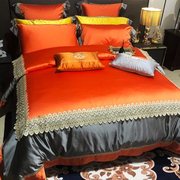 高档轻奢160支真丝棉床上用品四件套 蕾丝欧式橘色床盖款被套床单