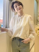 韩版钩花蕾丝拼接衬衫，女2024春季泡泡袖显瘦长袖宽松百搭上衣