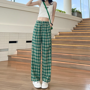 绿色格子裤女春秋2024年高腰垂感直筒宽松休闲薄款直筒阔腿裤