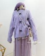 紫色蝴蝶结高级宽松麻花，针织衫上衣2023秋冬女装法式圆领套头毛衣