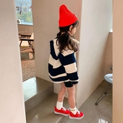 2022春季新韩版女童休闲时髦条纹，连帽拉链卫衣，儿童百搭外套潮