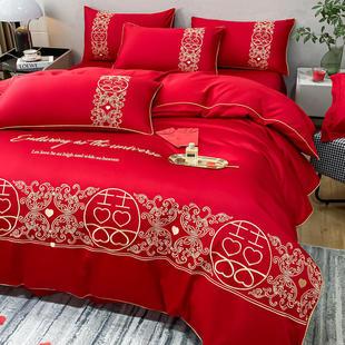 新中式婚庆四件套结婚床上用品床单被套大红色龙凤刺绣百子品