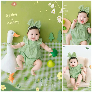 百天宝宝摄影服装绿色小清新主题拍照衣服道具影楼写真婴儿周岁照