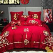 结婚床上用品四件套大红色婚庆，床品喜庆中式红色，新婚被套床单刺绣
