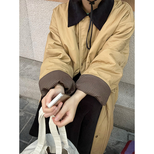 小众表妹 卡其色韩系中长款棉服女冬季撞色领通勤风棉衣宽松棉衣