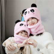 儿童熊猫帽子宝宝秋冬季可爱套头帽男女保暖加厚护耳帽围脖一体