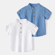 男童百搭衬衣2022夏季童装儿童宝宝白色立领纯棉短袖衬衫潮