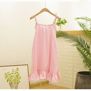 清尾货森女系清新甜美粉色条纹宽松吊带裙夏季棉麻荷叶边连衣裙