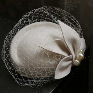 法式优雅英伦复古网纱贝雷帽，羊毛呢小礼帽婚纱宴会白色新娘头饰