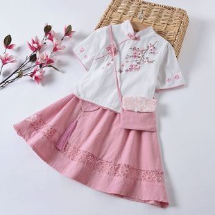 小童汉服女童古装超仙夏装儿童古风连衣裙中国风宝宝短袖棉麻套装