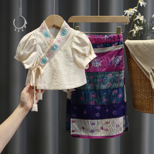 女童民族风套装夏季小女孩宝宝傣族服装一步短袖连衣裙中式两件套