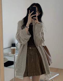 中长款镂空针织衫女春秋休闲时尚宽松开衫长袖外套潮毛针织衫单件