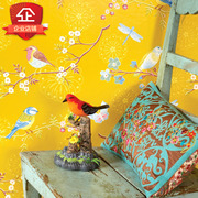 美式墙纸田园花鸟小清新碎花，壁纸蓝色黄色简约现代客厅背景墙卧室