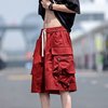 hiphop美式高街酒红色工装短裤，男款夏季休闲机能，大码五分中裤潮牌