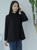 yun韫2023秋冬衬衫女气质，通勤娃娃领单排扣纯棉，黑色宽松版上衣女