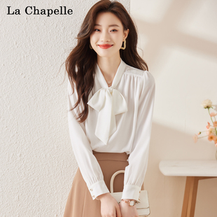 拉夏贝尔蝴蝶结衬衫，女2024夏季高级感轻奢，白色衬衣女时尚洋气