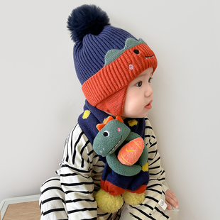 儿童帽子男孩冬季宝宝毛线帽护耳，男童围巾套装女童婴儿幼儿秋冬款