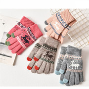 冬季针织触屏手套小鹿提花，触摸屏冬天保暖女士手套