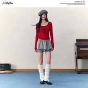 7Shiftin原创设计红色猫咪印花上衣修身打底春夏波点南瓜裤裙