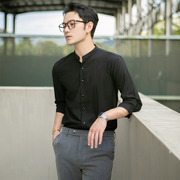 夏季立领衬衫男士，韩版修身七分休闲白色中袖寸衣，五分半袖短袖长