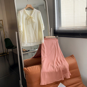 韩版黄色短袖v领雪纺上衣，a字松紧腰半身裙套装，时尚休闲洋气g$28